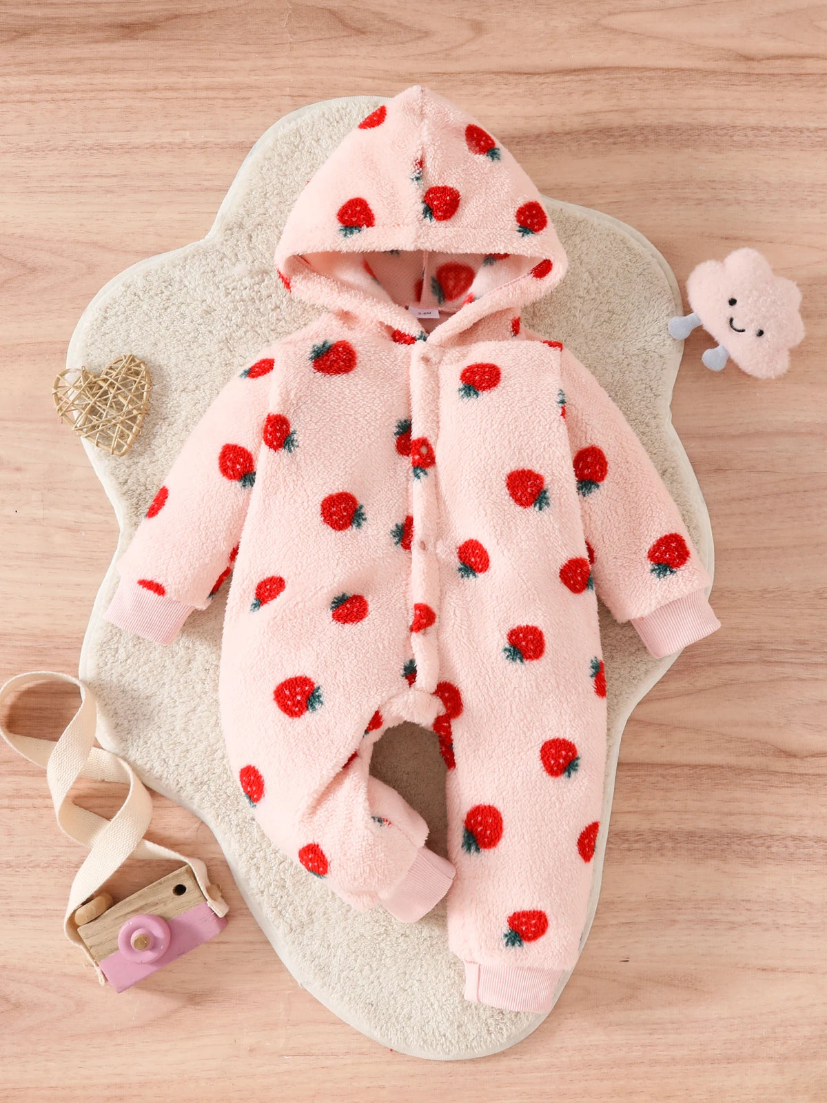 Winter Baby Girl Cute Casual Plush Warm Strawberry Print Button Design Hooded Romper